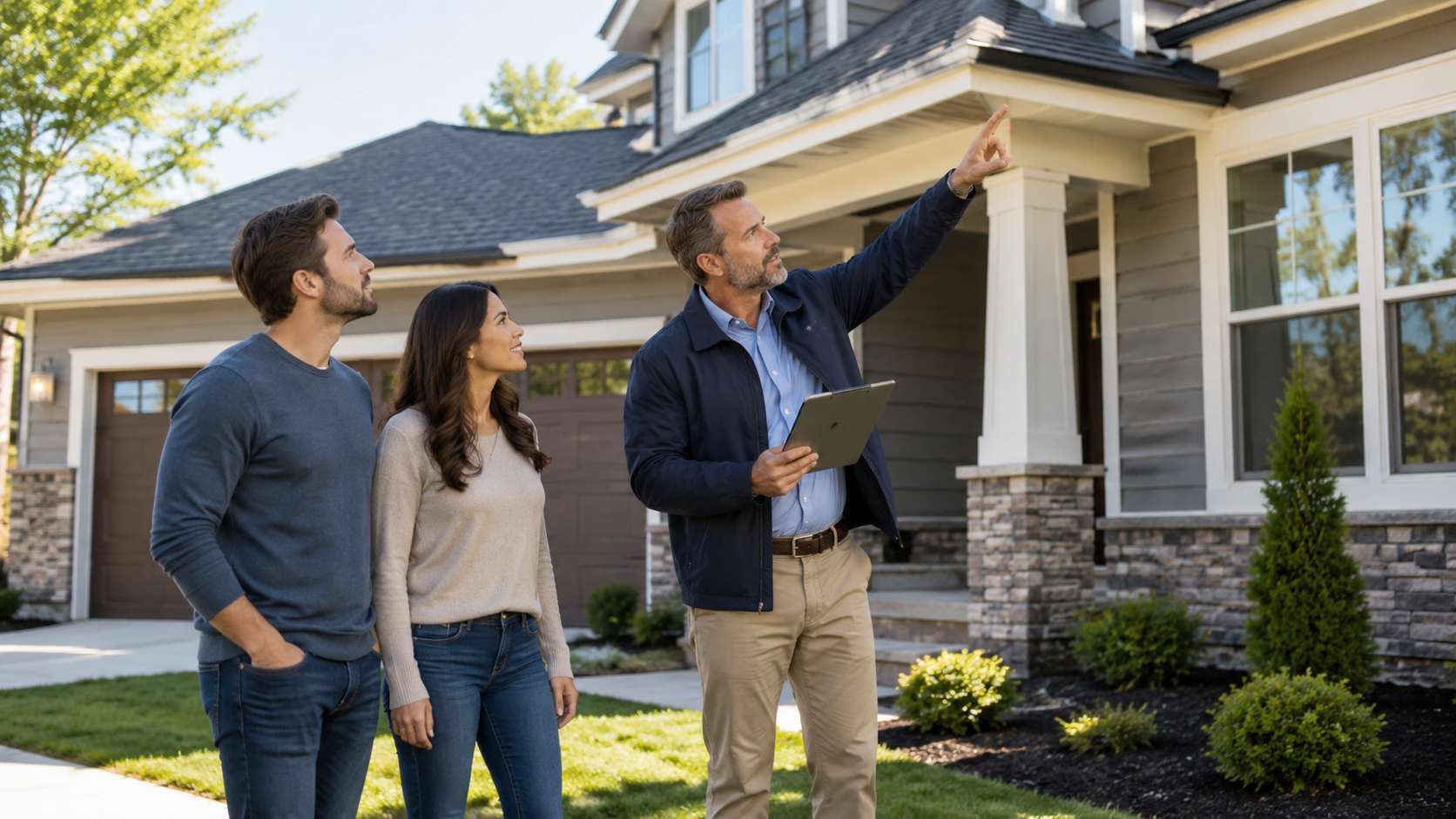 Home inspector reviewing a home inspection checklist for buyers while pointing out exterior roof and property details to a couple outside a house.