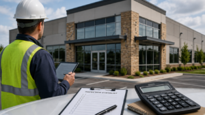 Commercial property inspector evaluating a building for inspection cost and property condition.