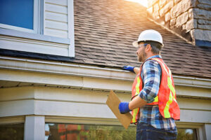 A man with hard hat standing on steps inspecting house roof